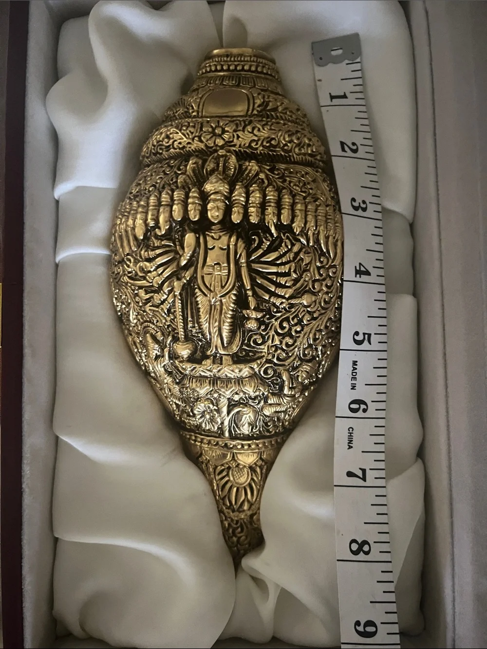 Decorative Brass Conch Intricately Carved with the 10 Avatars of Lord Vishnu